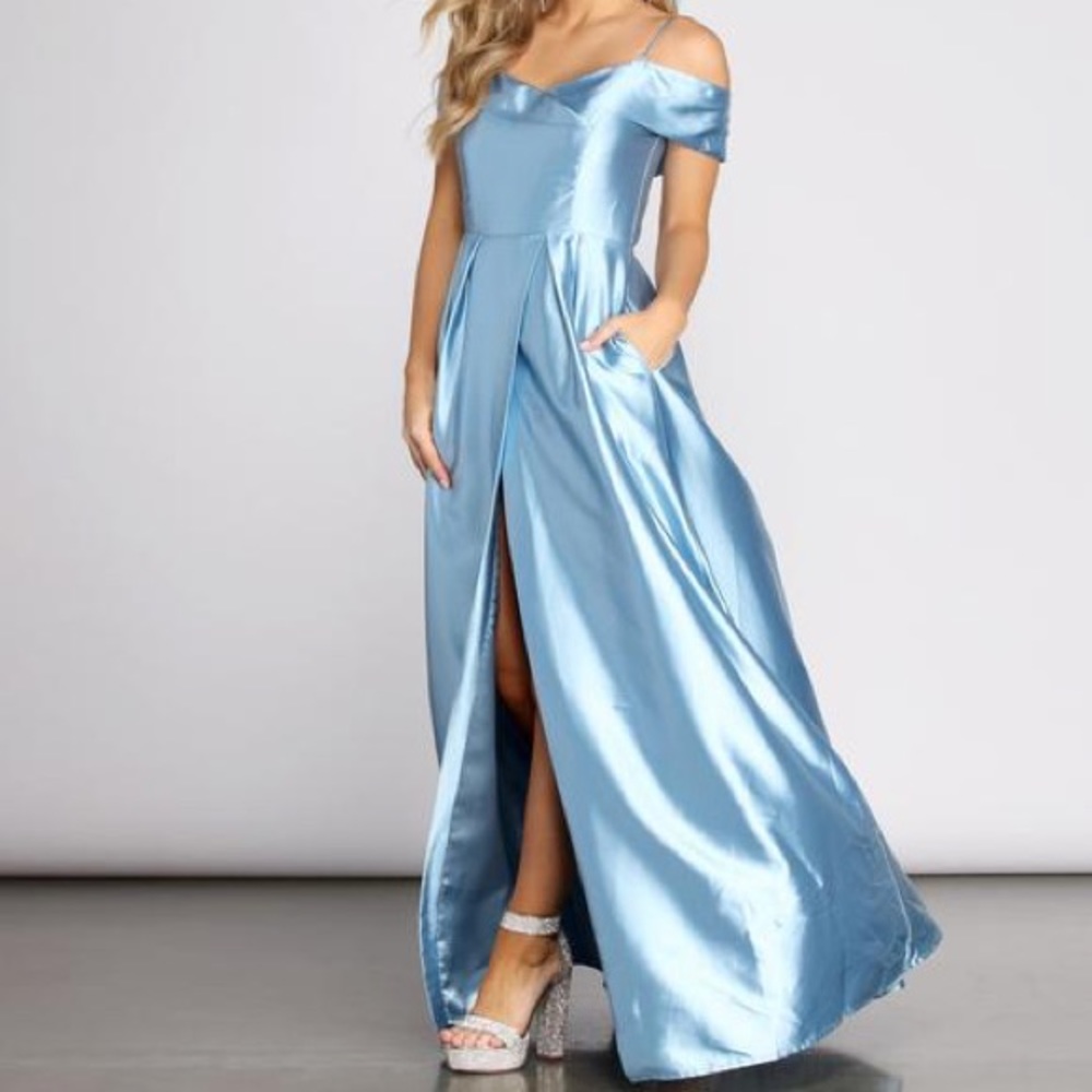Light blue satin evening gown